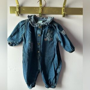Vintage Little Me Blue Denim Jean Bunny Rabbit Romper Size 9M